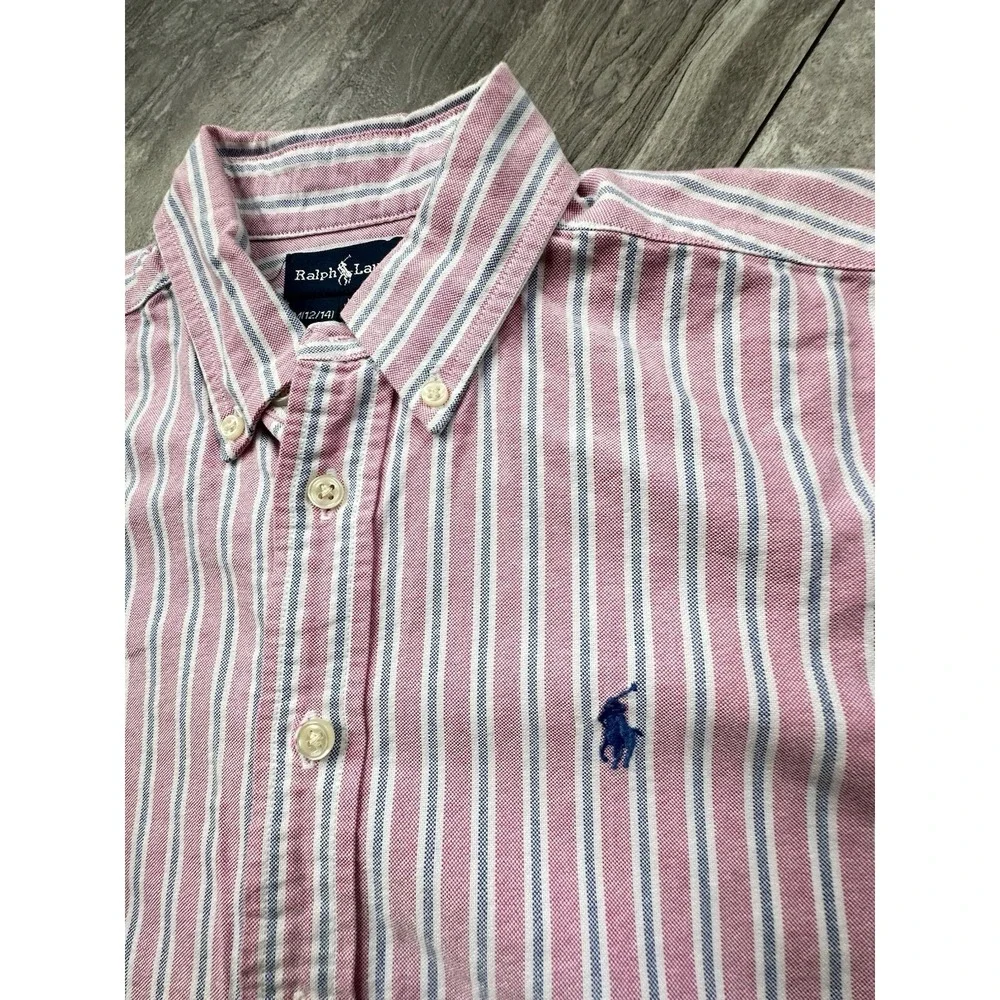 Ralph Lauren Boys Size M 12/14 Pink Blue Striped Oxford Button Down Shirt
